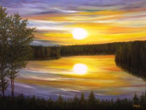 Sunset, commissioned painting, trees, water, sun, sunsetting, landscape, Donna Muller