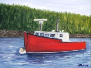 boat, water, trees boat, prospect, Nova Scotia, artist, Donna Muller, Commissioned, Painting