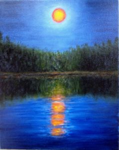 full moon, water, trees, Donna's Cottage Rental, Donna Muller