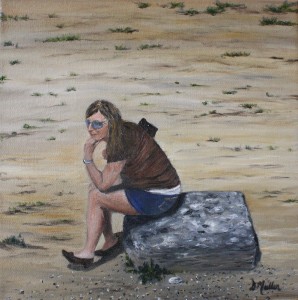 Jody Conrad, Olympia Greece, painted by Donna Muller, thinking, rock