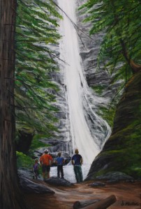 Waterfall, BC, old growth, forest, trees, family