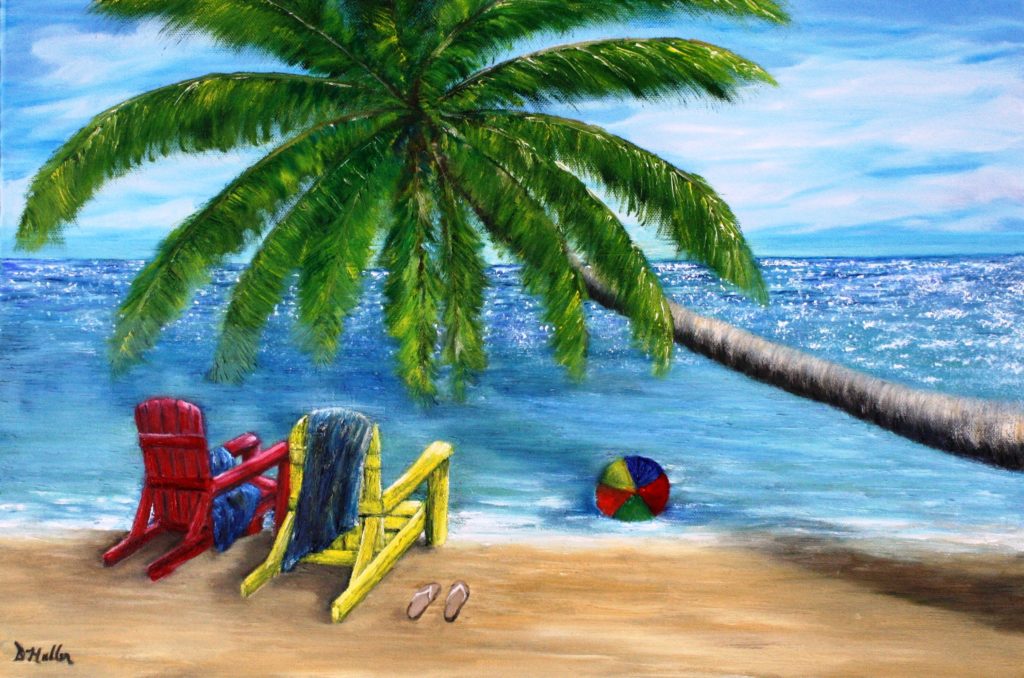 Palm tree, chairs, beach, ocean, vacation, water, beach ball, relax, acrylic painting, artist, Donna Muller
