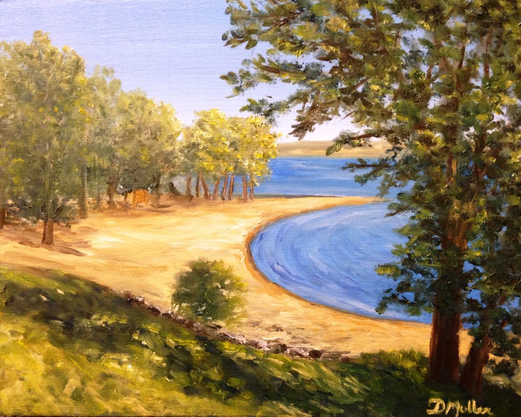 Regina Beach, painting, Donna Muller, Saskatchewan artist, beach, sand, water, trees, oil painting