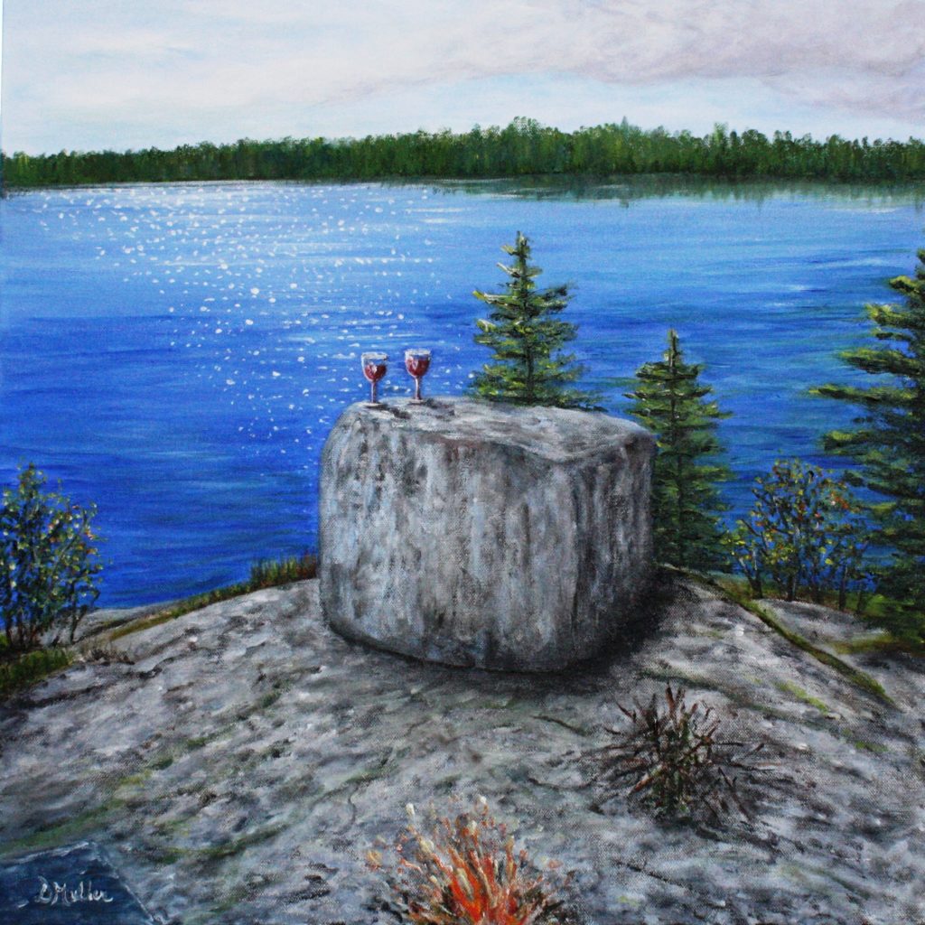 Rock, besnard lake, lake, saskatchewan, water, trees, landscape, wine glasses, blanket, fire, Donna Muller
