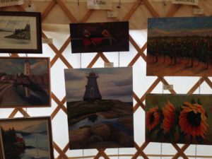 Day 1 at Paint Peggy's Cove, paintings inside of yurt 