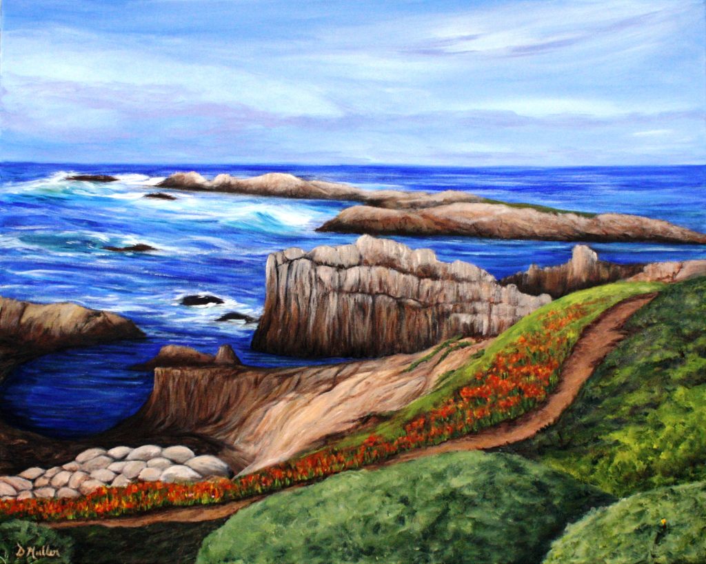 Monterey, california, water, hike, walk, beach, path, ocean, rocks, acrylic painting, artist Donna Muller