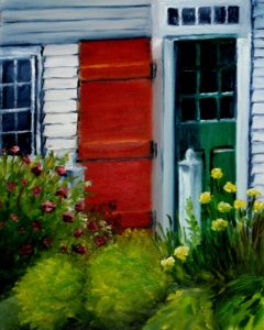 Door, doorway, red door, bush, flowers, Lunenburg, Nova Scotia