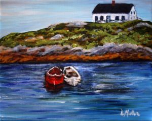 Peggy's Cove, two boats, red, fishing boats, ocean, white house, Nova Scotia