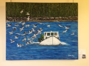 Lobster fishing boat, prospect, Nova Scotia, Shad Bay, seagulls, ocean, landscape painting, oil painting, fine art
