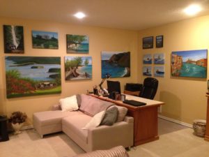 downstairs, oil paintings, acrylic paintings, desk, sectional