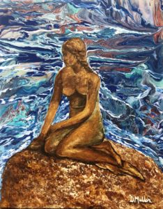 Acrylic, pour, dirty pour, water, little mermaid, mermaid, statue, fine art, artist, Donna Muller, rock
