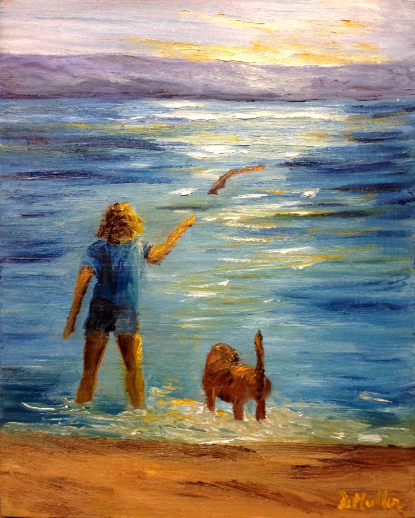 relaxing, dog, water, lake, beautiful evening, acrylic painting