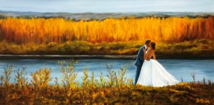 water, river, fall, golden, wedding, bride, groom, commission painting, landscape painting, artist, fine art