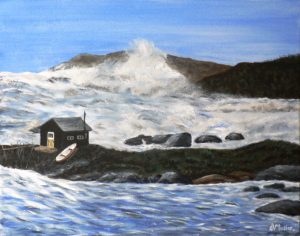 Prospect, Nova Scotia, Canada, storm, Hurrican bill, shack, small boat, waves, rocks, crashing waves