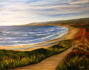 PEI, artist Donna Muller, oil painting, water, landscape, path, walkway, sand dunes, ocean