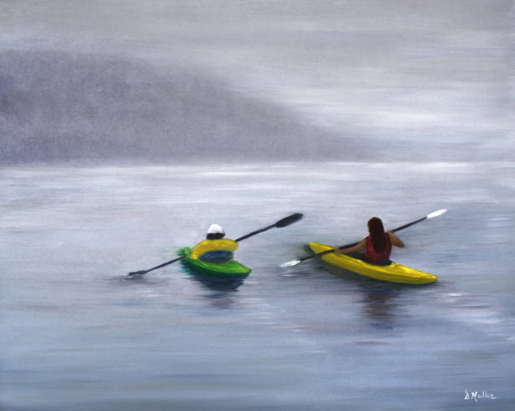 Kayaking, fog, ocean, water, Nova Scotia, Bayside, oil painting, artist, Donna Muller