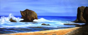 Barbados, water, beach, wave, ocean, rock, landscape, painting