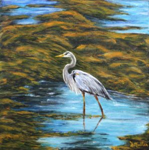 Blue Heron, ocean, sea grass, water, bird, shad bay, oil painting