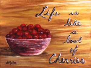 bowl, cherries, saying, brown