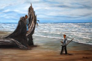 Driftwood, beach, ocean, landscape painting, oil painting