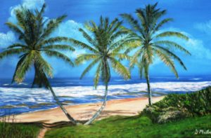 palm trees, beach, Barbados, waves, ocean