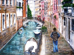 Venice, street, sidwalk, bridge, boats, water