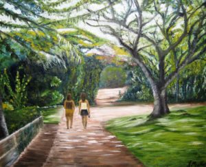 Hawaii, Waimea Falls Park, sisters, trees, landscape, painting, Donna Muller