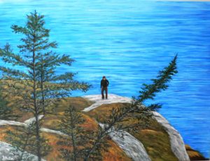 Rock, hike, Polly cove, trees, landscape, ocean, water, trail, Nova Scotia, painting, Donna Muller