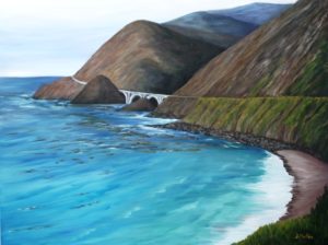 Big Sur, California, bridge, beach, water, ocean, road, mountains, landscape painting