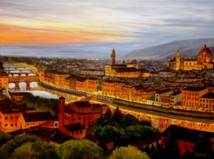 Florence painting, Donna Muller, Florence, Italy, Florence bridges, bridges, cathedral, river, evening, sunset, landscape