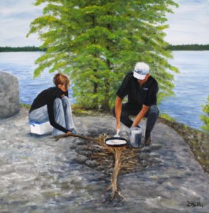 cooking, open fire, campfire, fish fry, landscape, rock, besnard lake, tree, painting, Donna Muller
