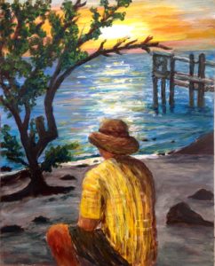 Sunset, beach, colony key, dock, tree, sand, man, acrylic painting, Donna Muller