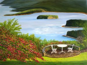 Jamaica, oil painting, table, landscape, rose bush, water, Ian Fleming, ocean, James Bond, Goldeneye, Oracabessa bay, 