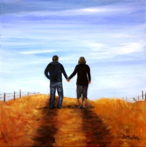 Trail, road, Alberta, walking, hand in hand, lovers, husband and wife, sky, hill, fense, yellow, blue, landscape, painting, okotoks