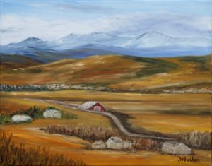 okotoks, Alberta, red, barn, road, landscape, hillside, mountains, rocky mountains, cloud, yard sites, houses, landscape painting