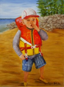 Beach, lifejacket, child, portait painting