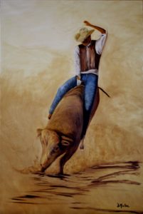 Bull riding, rodeo, painting, oil painting, rider, hat, bull