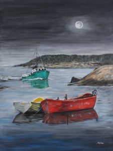 Peggy's Cove, Nova Scotia, evening, boats, ocean, Donna Muller, rocks, night, lobster boats