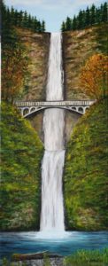 Oregon, multinoma falls, Columbia River Gorge, Historic Columbia River Highway, driftwood, water, bridge, trees, landscape, painting