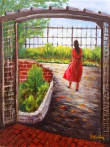 Key west, lady in red, florida, painting, lobster trap frame, park, gardens
