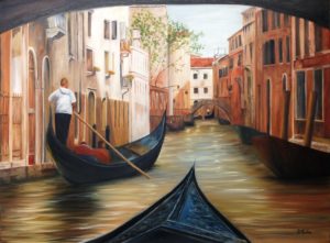Gondola, Venice, Italy, artist Donna Muller, landscape, canals, bridge, buildings