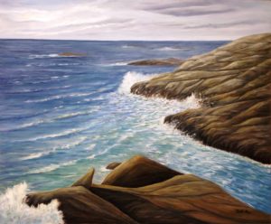 Crashing waves, rock, water, high head, prospect, Nova Scotia, artist Donna Muller, ocean, oil painting, landscape painting, ocean painting