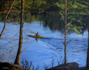 Kayaking, river, ocean, painting, fine art, Donna's Gallery, Donna Muller, Shad Bay, Nova Scotia, trees, water, peacefullness