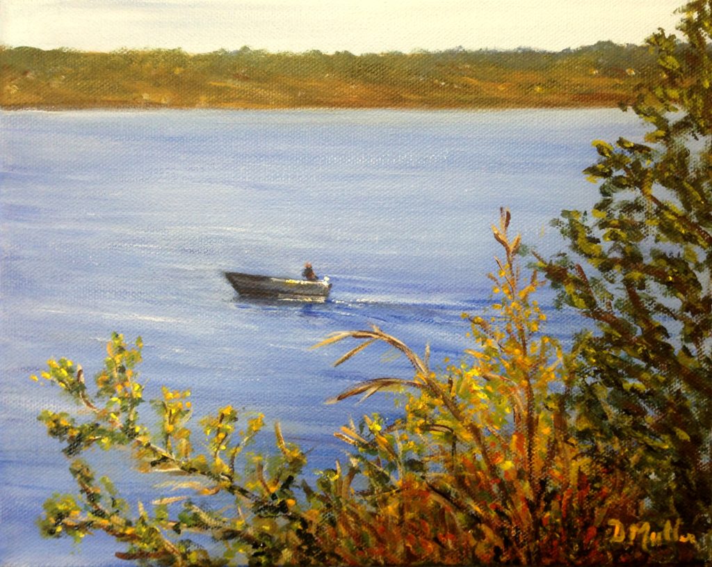 Going Fishing, Last Mountain Lake, lake, trees, fishing boat, art, Donna Muller, artist, acrylic painting, painting, boating, Regina Beach, Buena Vista, The Valley