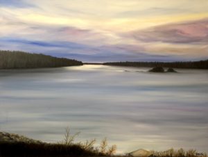 Nova Scotia, Saskatchewan Artist, Donna Muller, Donnas Gallery, evening sun, sunsetting, purple, ocean, water, Bayside