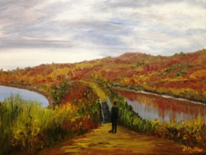 Path, bridge, dam, Regina Beach, Buena Vista, Saskatchewan, water, landscape, oil painting
