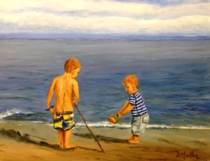 Brothers, acrylic painting, playing, beach, water, lake