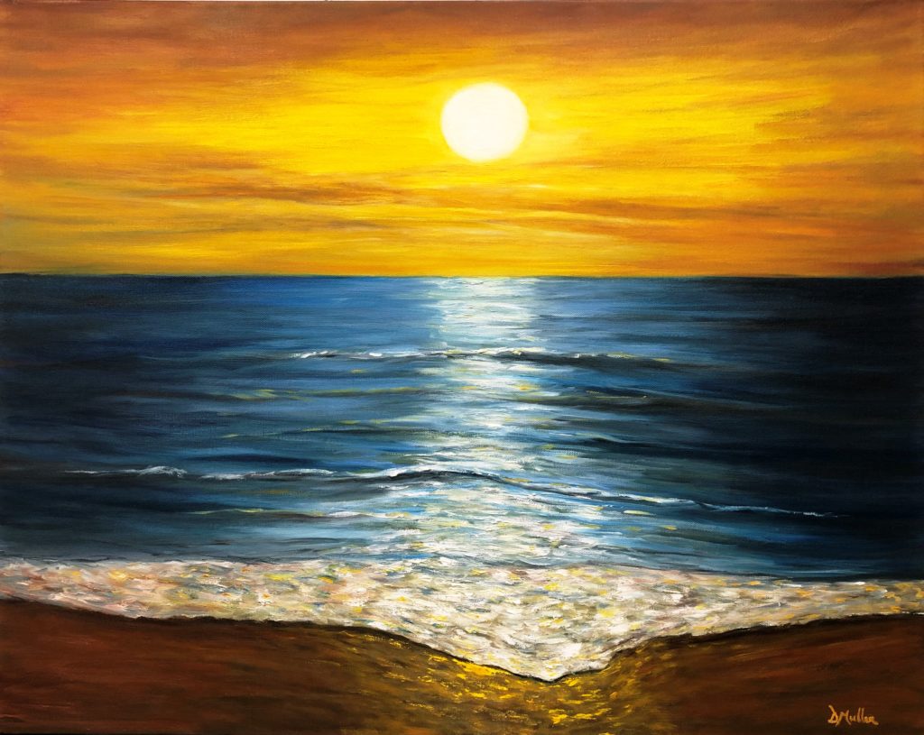 Sunset, water, ocean, peaceful, restful, artist, Donna Muller, landscape, oil, painting