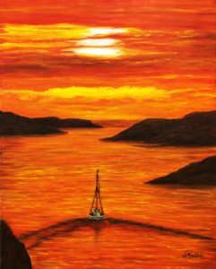 Sailboat, orange, sunset, ocean, landscape, painting