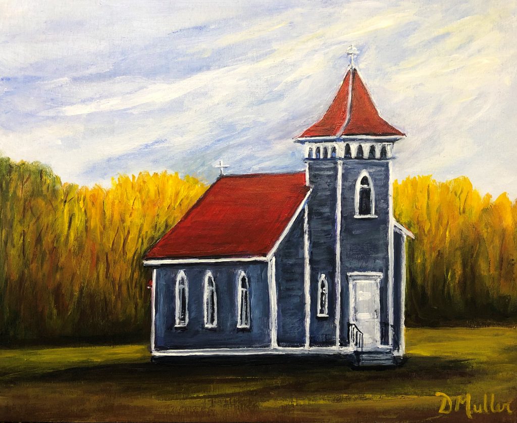 Church, country, valley, Anglican, craven, Saskatchewan, prairie, worship, Sunday, mass, artist Donna Muller
